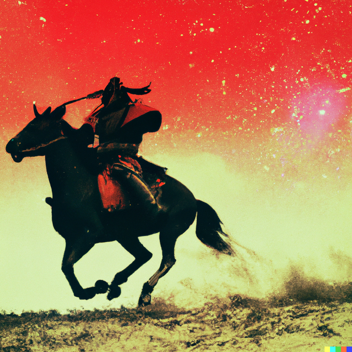 Image generated by Dall.E 2: A Samurai riding a Horse on Mars, lomography.